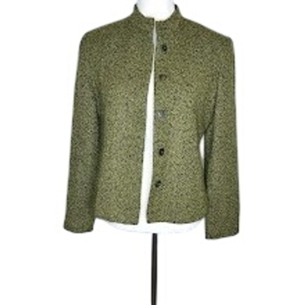 Jones New York Olive Green Wool Blend Mock Neck Hidden Button Blazer Jacket 10